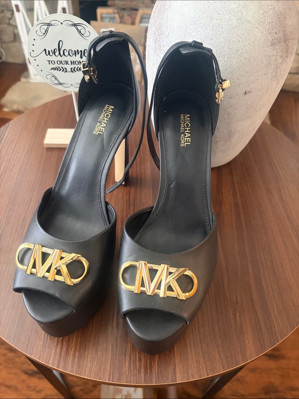 Michael Kors Black Platform Sandals with Gold MK Emblem